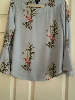 Ann Taylor Light Blue Floral Crane Print Blouse